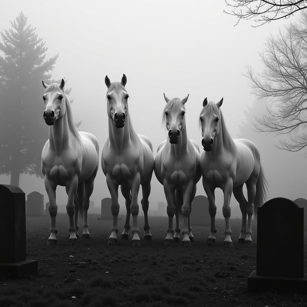 Four white horses in a foggy graveyard