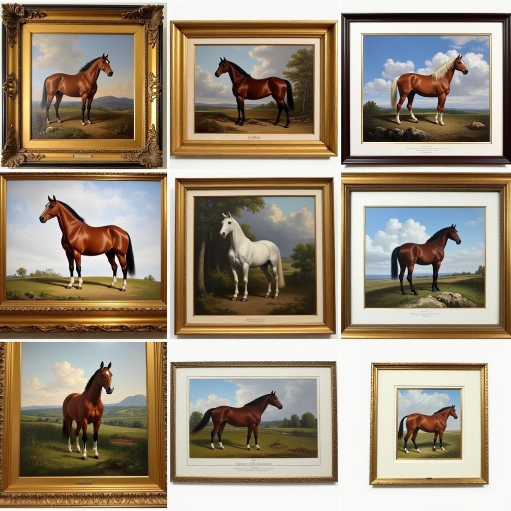 Framed horse art collection showcasing various styles and mediums.