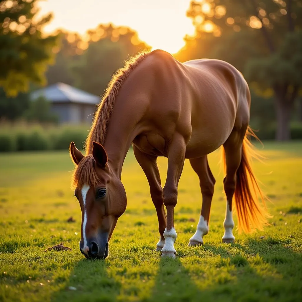 A happy horse grazing in its new Florida pasture