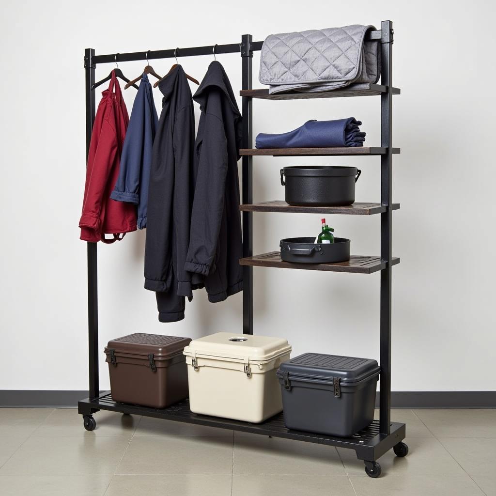 Freestanding horse rack with multiple tiers for organizing grooming supplies.