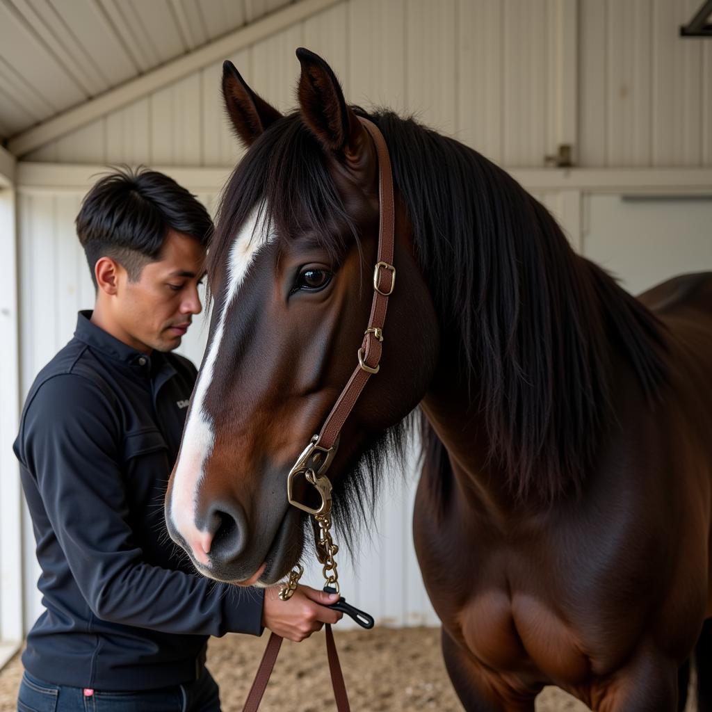 Grooming a Friesian Gelding