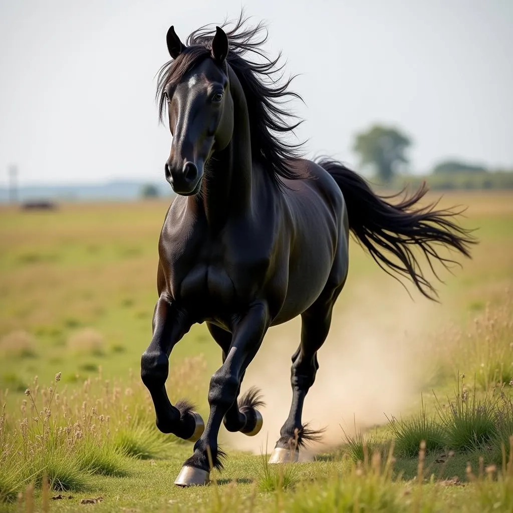 Friesian Horse Running in Field