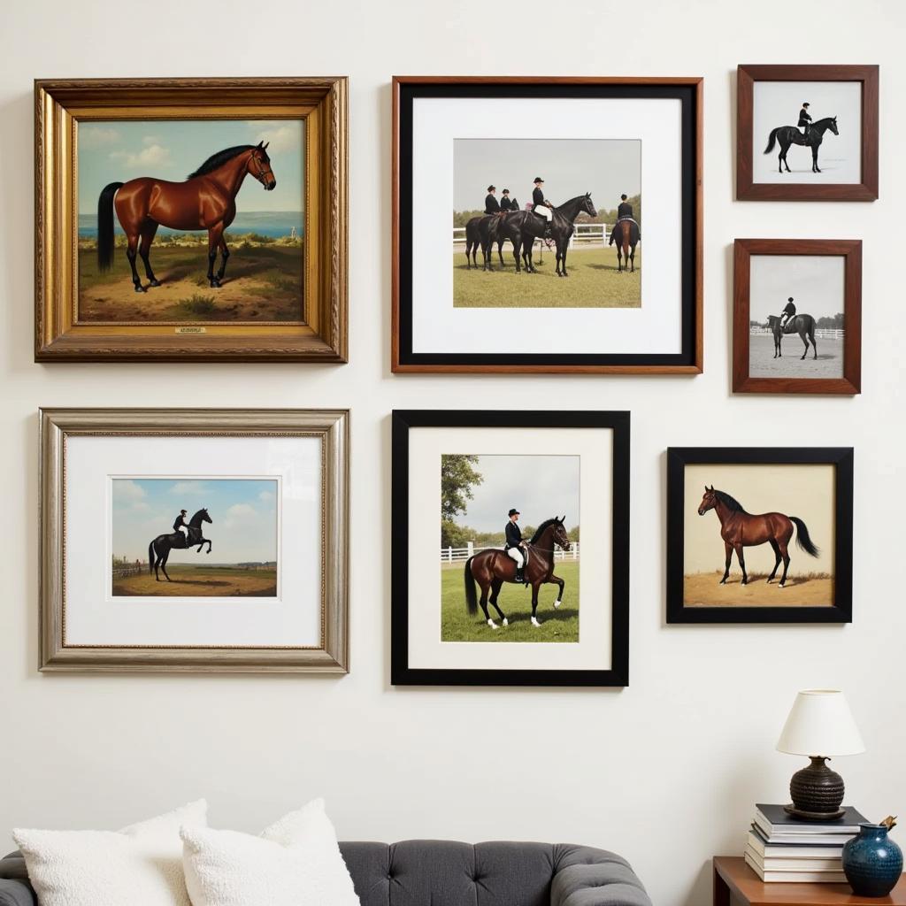 Gallery wall featuring various framed horse artwork.