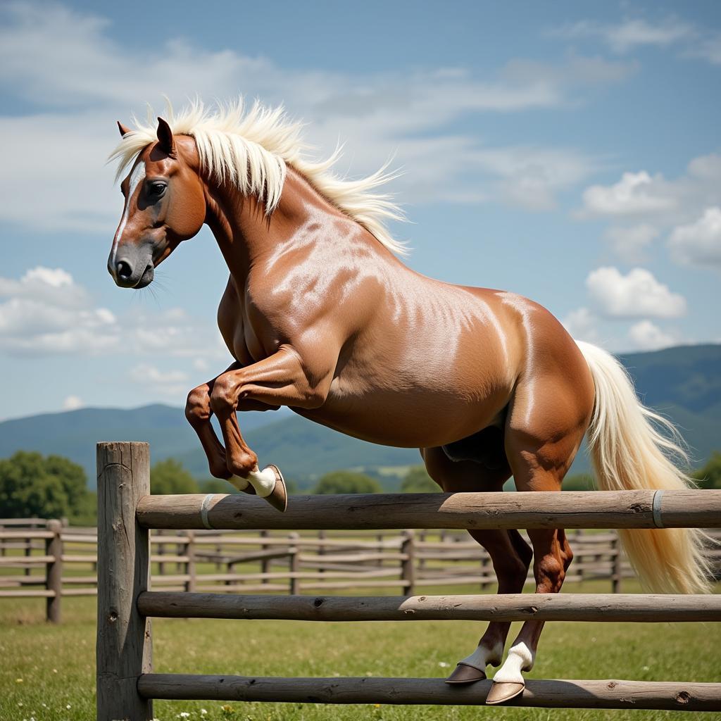 Horse jumping a fence with the caption "Could this be a Gallo Del Cielo horse?"