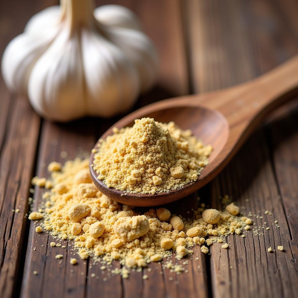 Garlic powder in a wooden spoon