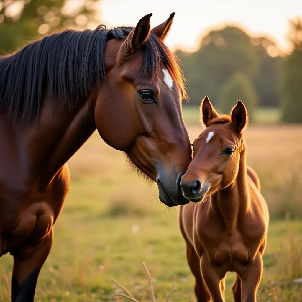 Gentle Mama Horse Nuzzling Foal