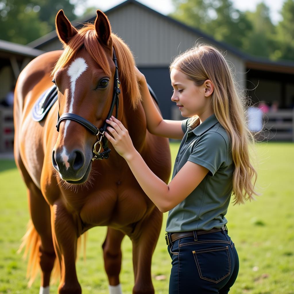 A young girl brushing her horse's mane