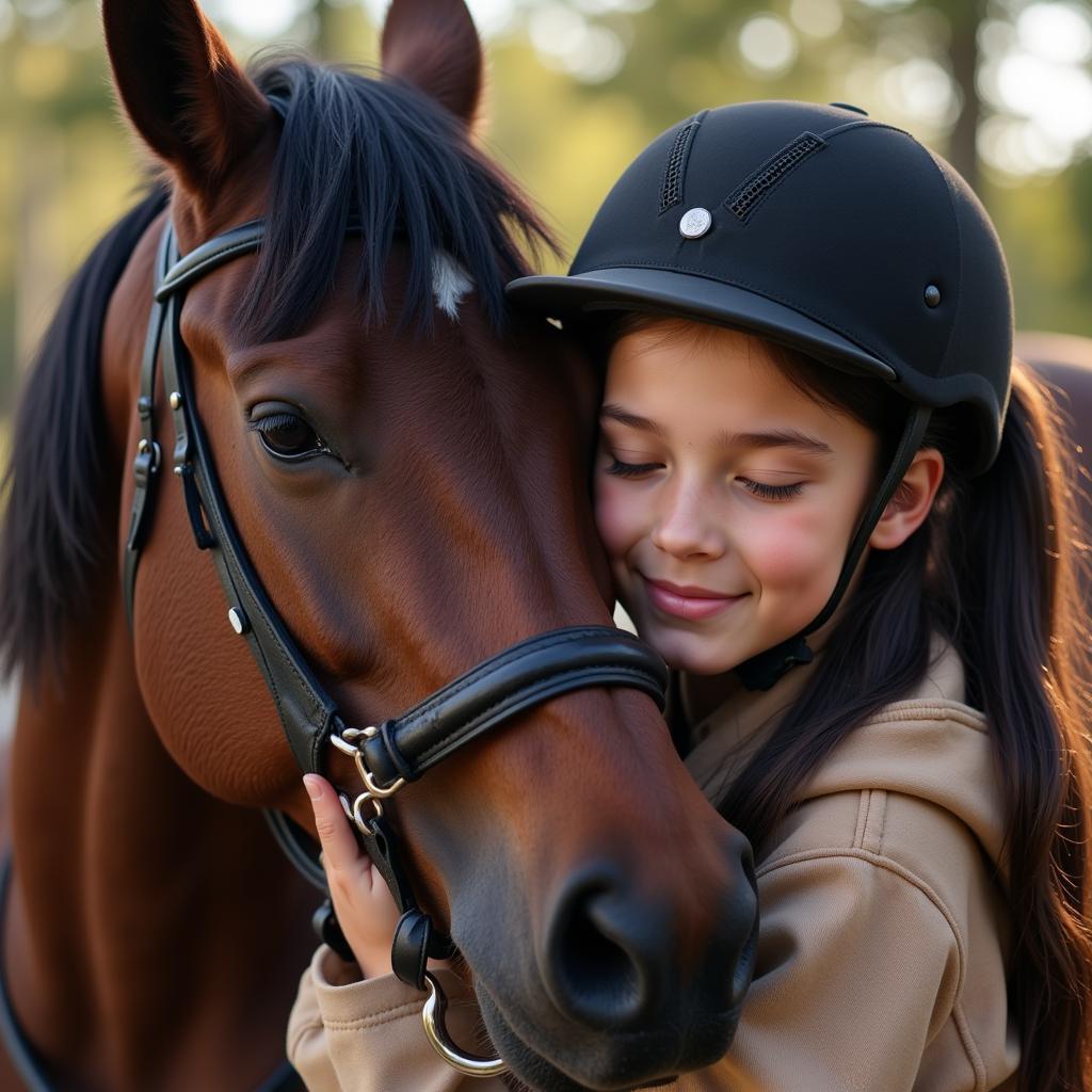 A girl shares a heartfelt moment with her horse