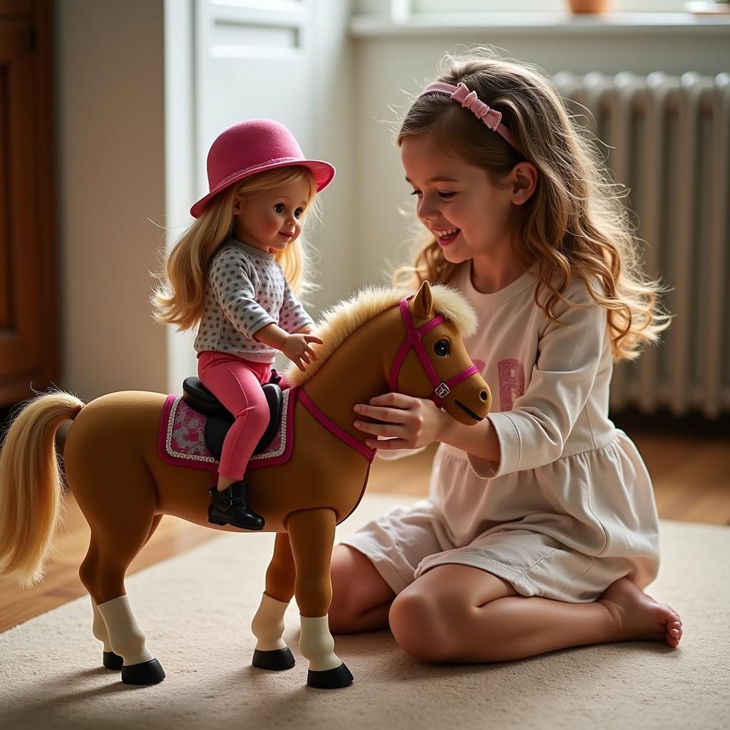 A young girl deeply engrossed in play, setting up her doll and toy horse for an imaginative adventure.