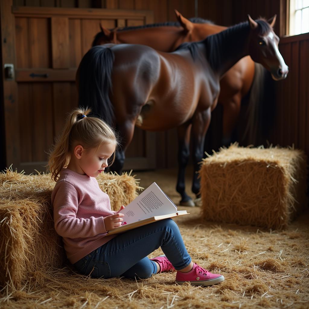 Young girl reading a horse book in a stable