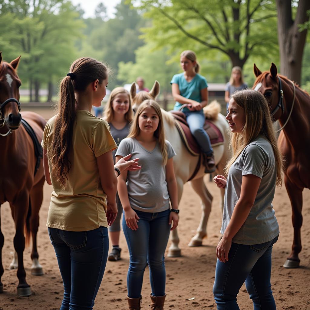 Girls learning horsemanship at summer camp