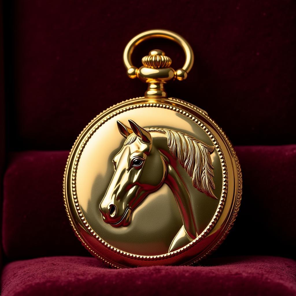 Gold Pocket Watch with Horse Head Relief