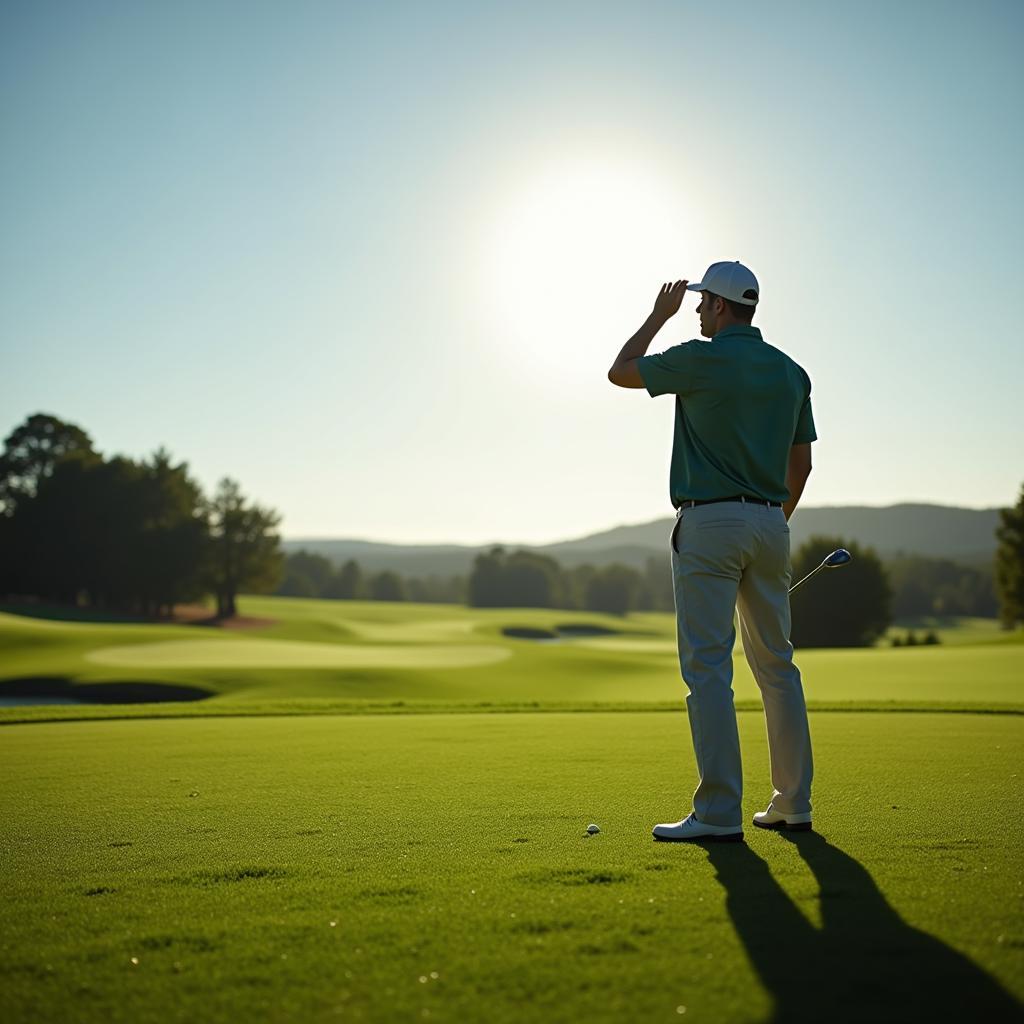 A golfer shielding his eyes from the sun as he looks at something in the distance on a golf course