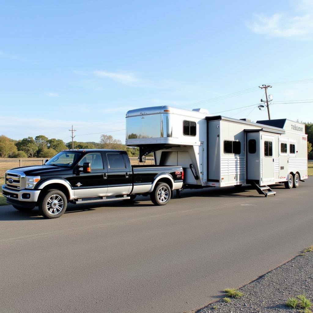  A modern gooseneck four horse trailer with living quarters, hitched to a truck, ready for travel.