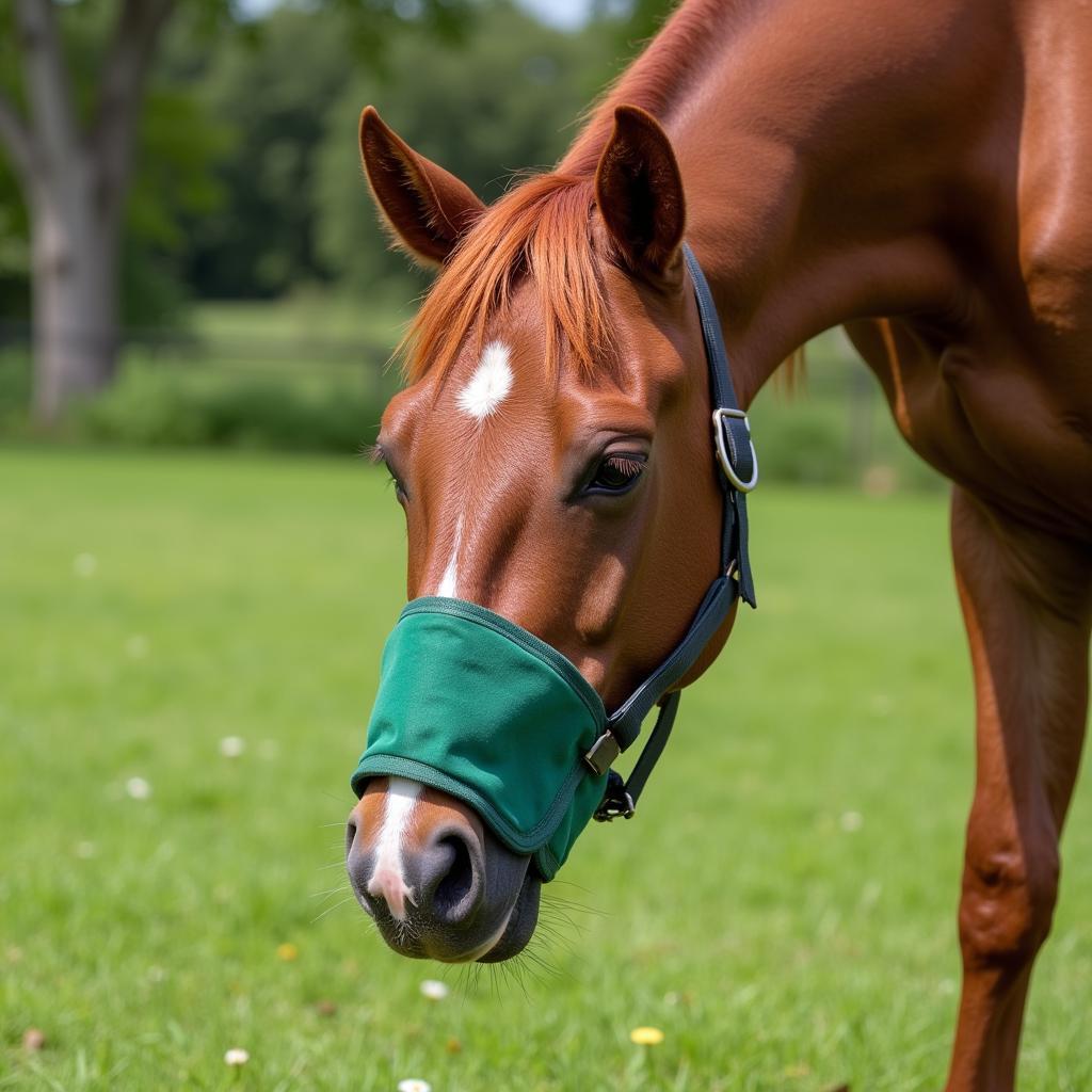 Horse Wearing a Greenguard Muzzle While Grazing