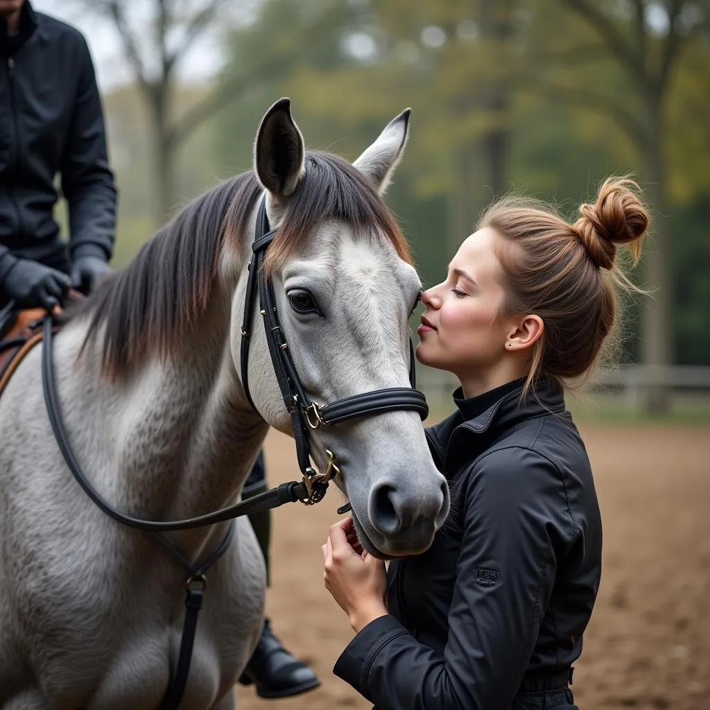 Grey Thoroughbred Horse and Rider Bonding