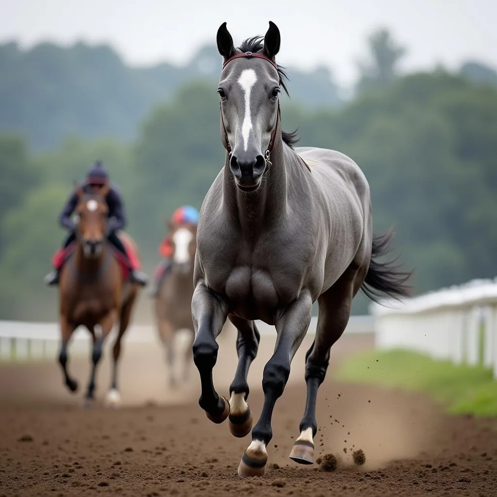 Grey Thoroughbred Horse on the Racetrack