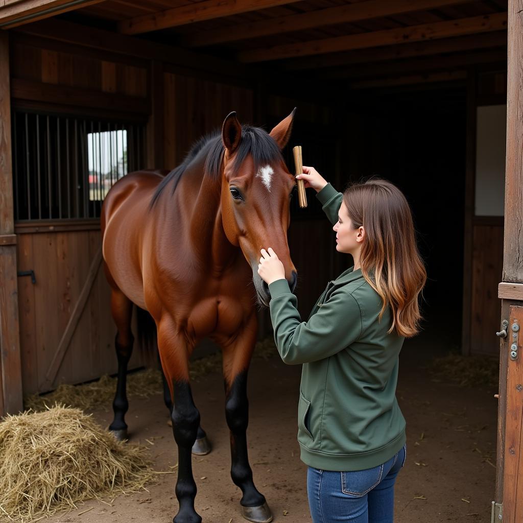 Grooming a horse in the stable