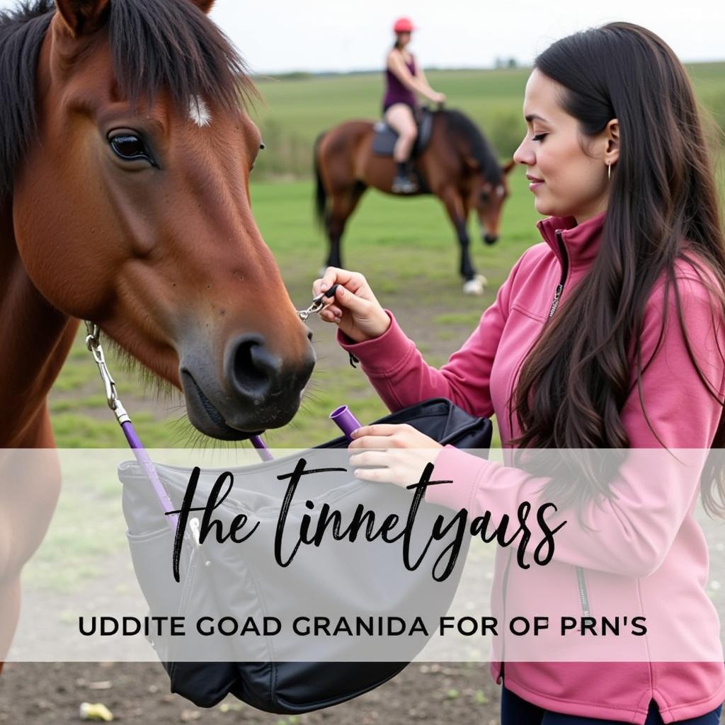 A woman grooming her horse using tools from a grooming bag