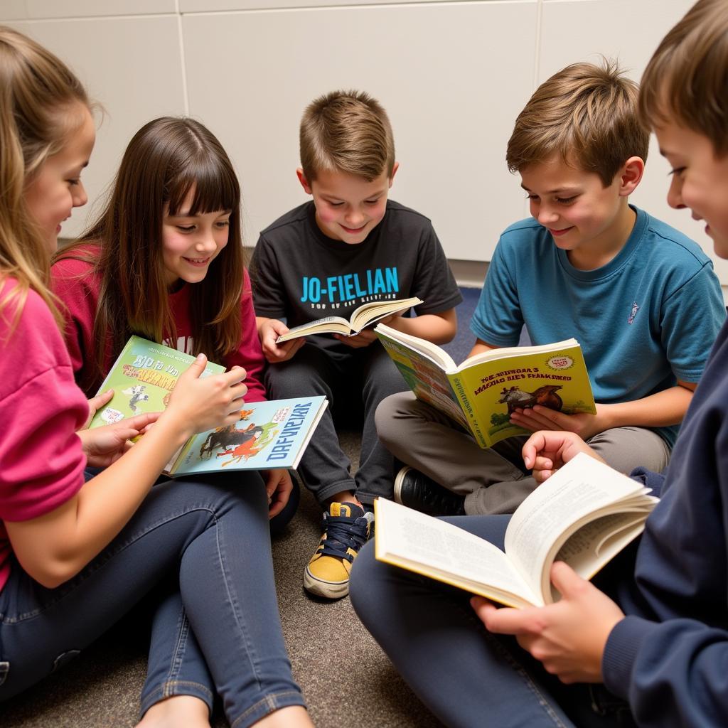 Friends enjoying horse books as part of a book club