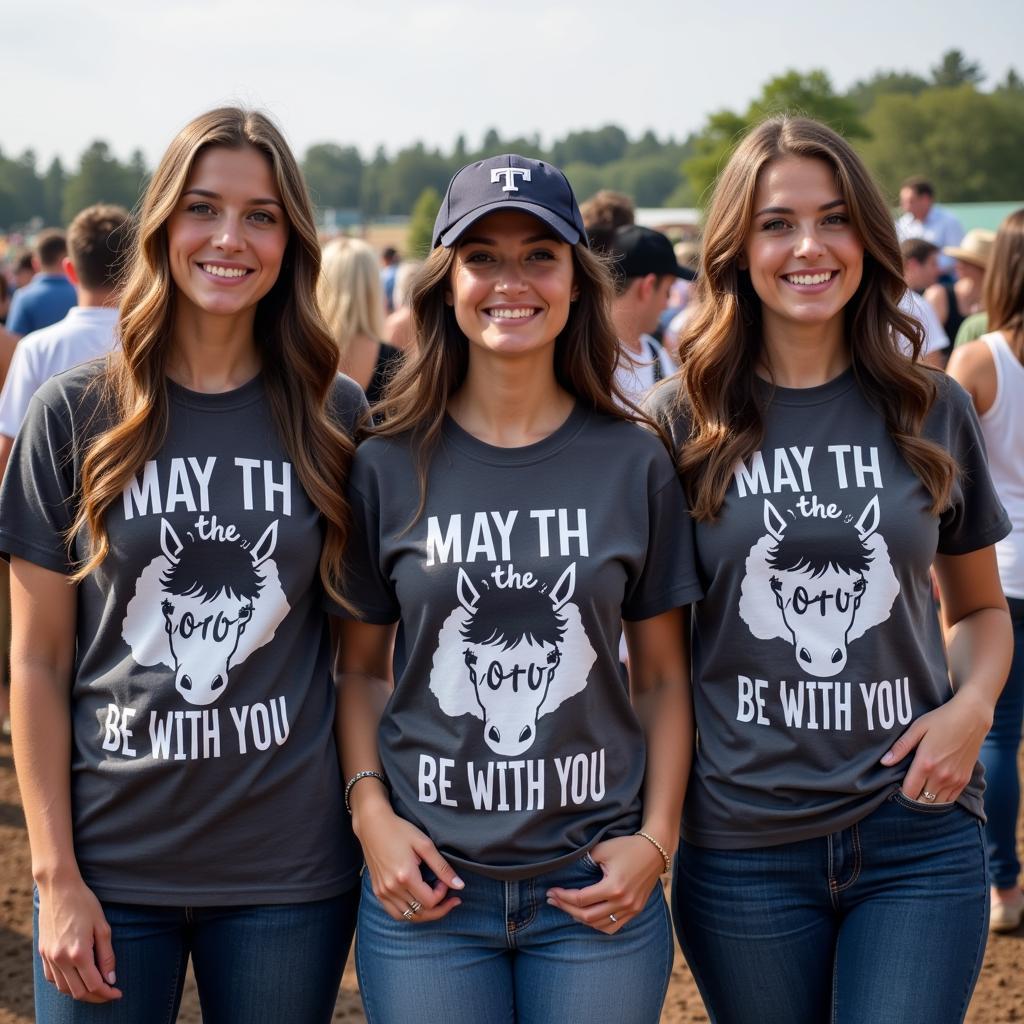 Group of friends wearing matching "May the Horse Be With You" shirts at a horse show.