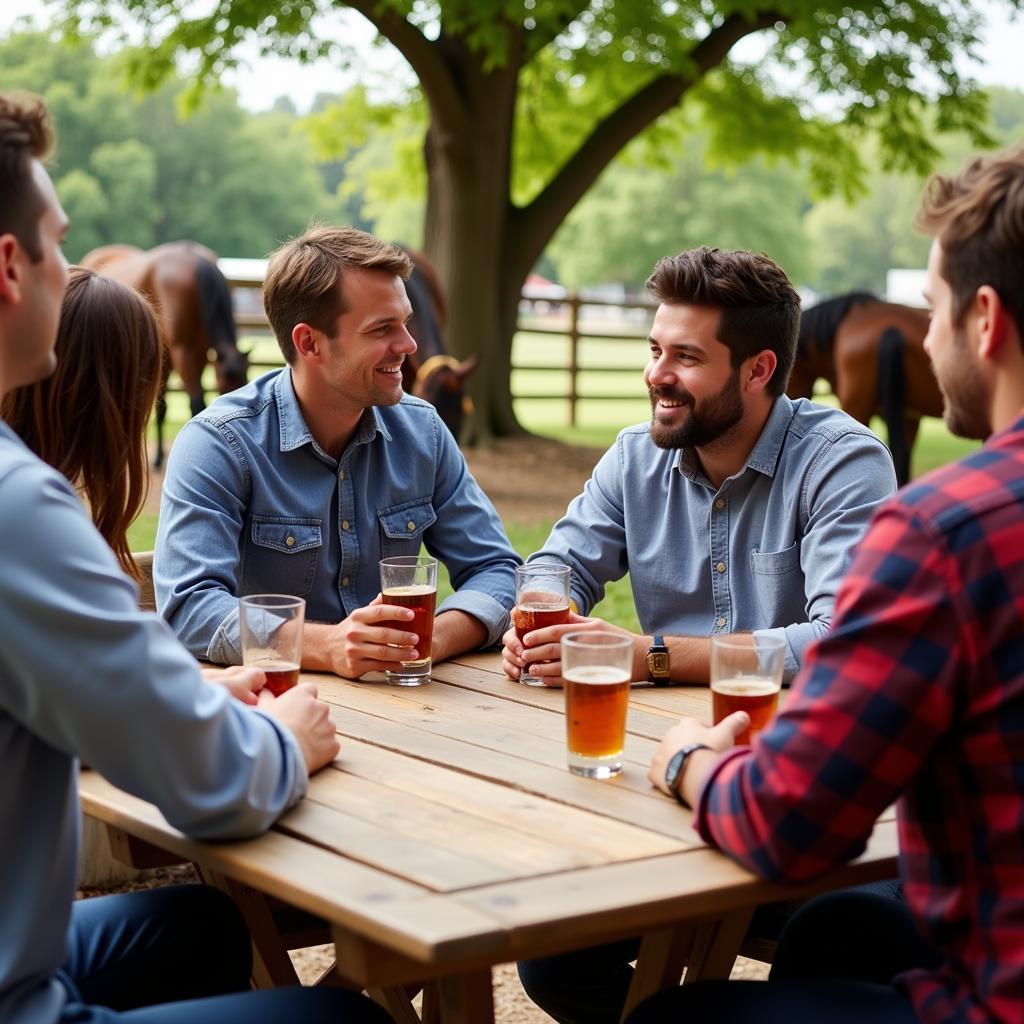 Group of people enjoying bourbon responsibly after a day of horseback riding