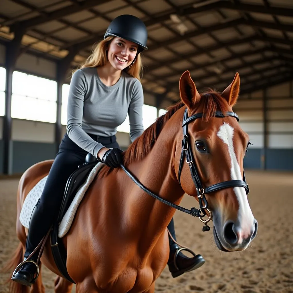 Woman smiling while riding a horse in an arena