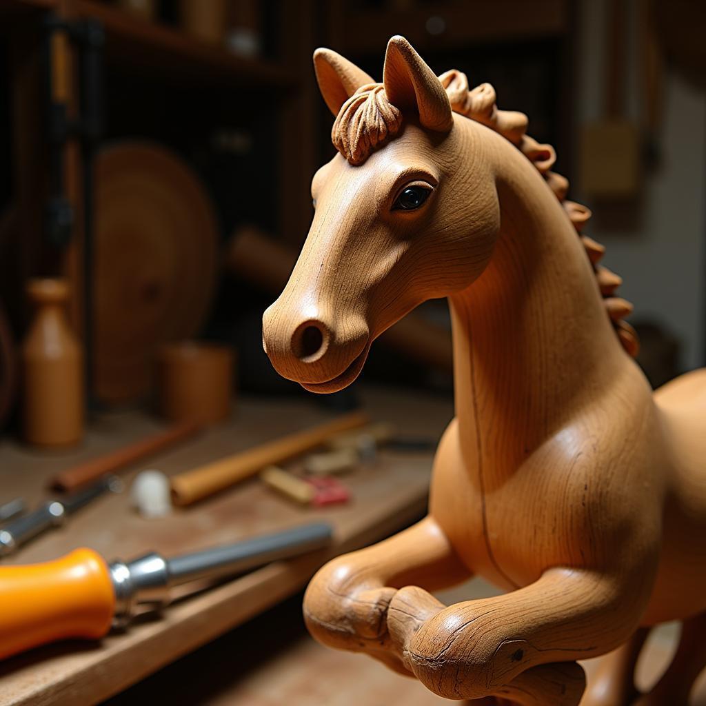 Hand Carved Wooden Horse in an Artist's Studio