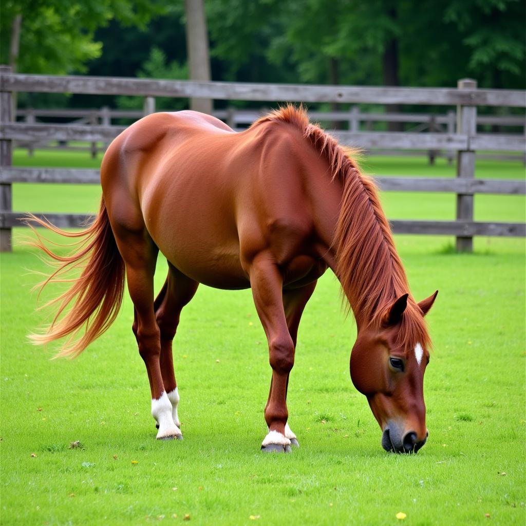 Horse happily grazing in a lush pasture