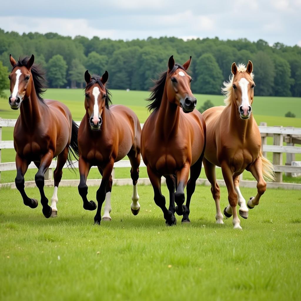 Horses running freely in a fenced pasture