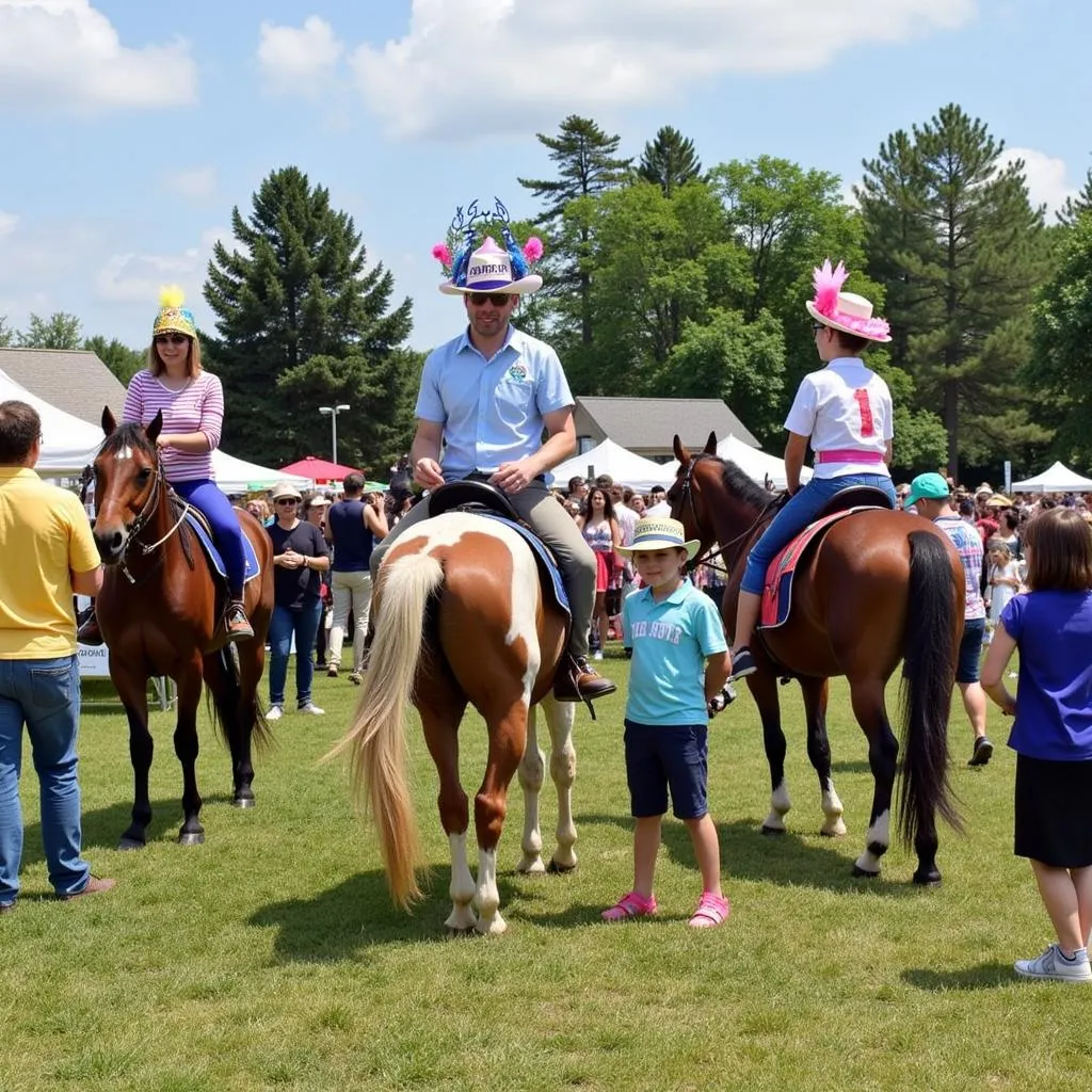 A group of participants in a hat horse race, showcasing their creativity and teamwork