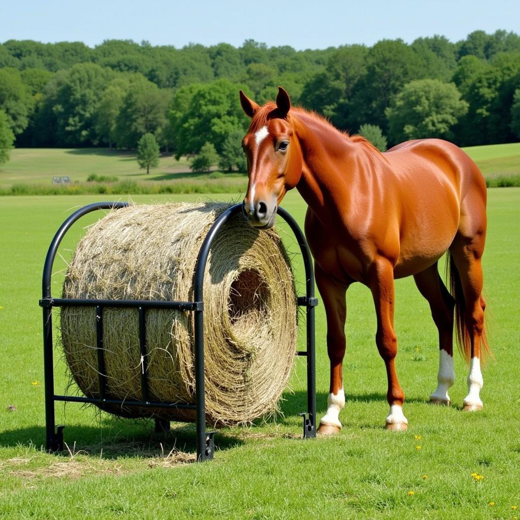 Horse eating from a hay bale ring in a pasture