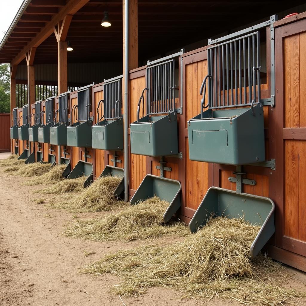 Different designs of hay feeders in a barn