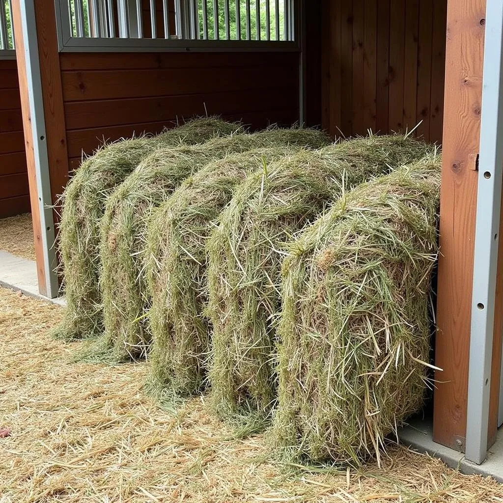 Feeding hay in a hay net for horses