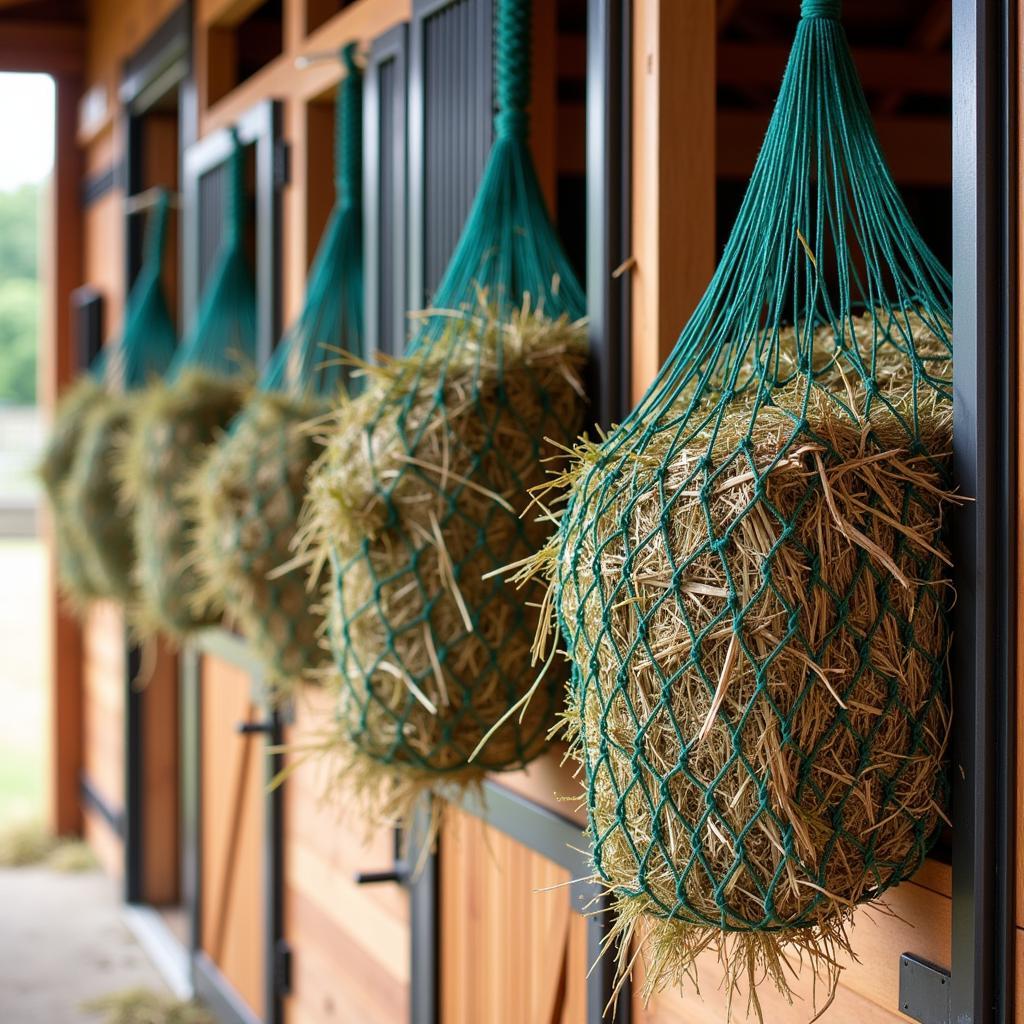 Durable hay nets hung in a stable