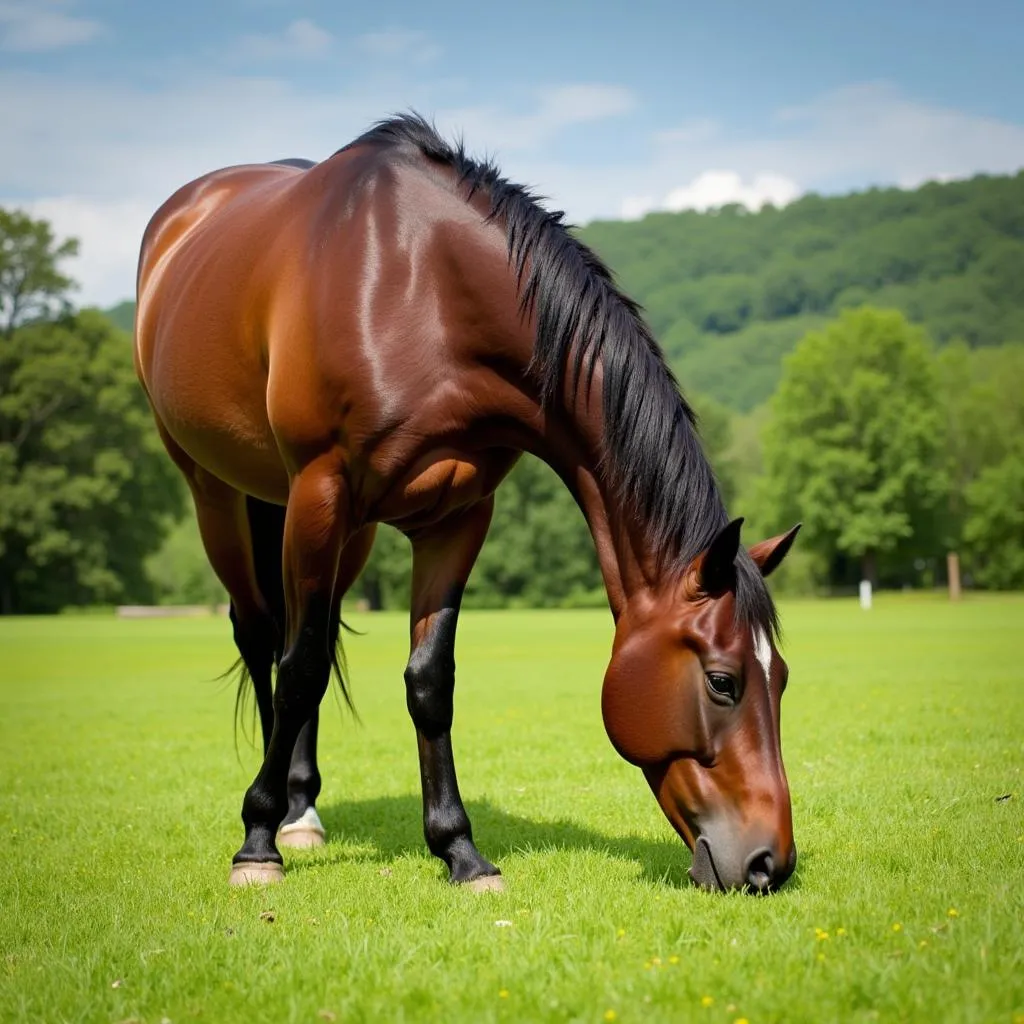 Healthy horse grazing in a pasture