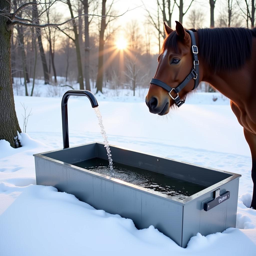 Heated metal horse trough in snowy landscape