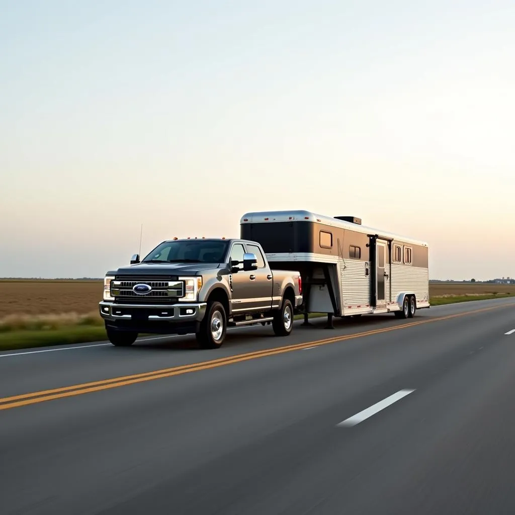 Heavy-duty pickup truck towing a horse trailer