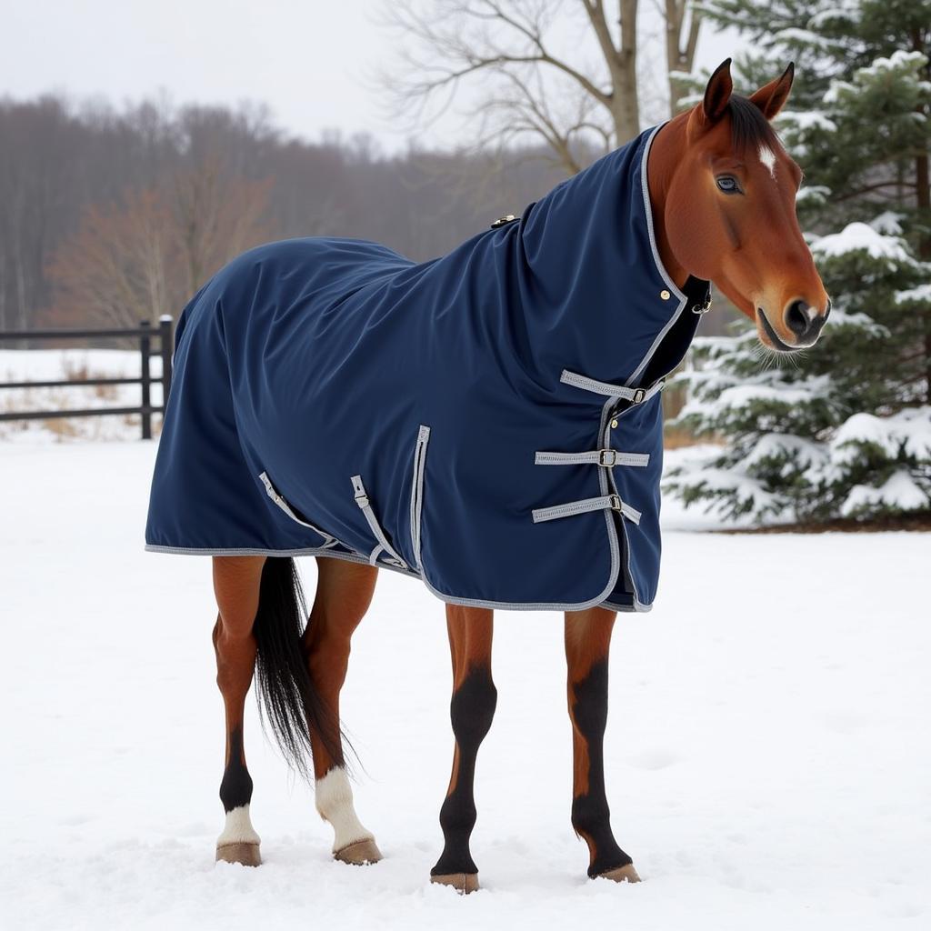 Horse Wearing Heavy Weight Horse Blanket in Winter Pasture