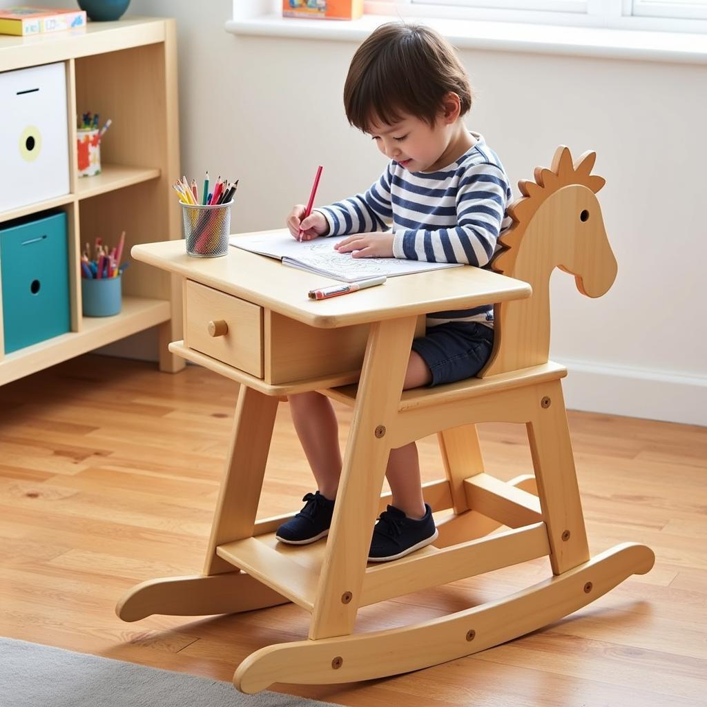 Child using a high chair rocking horse desk