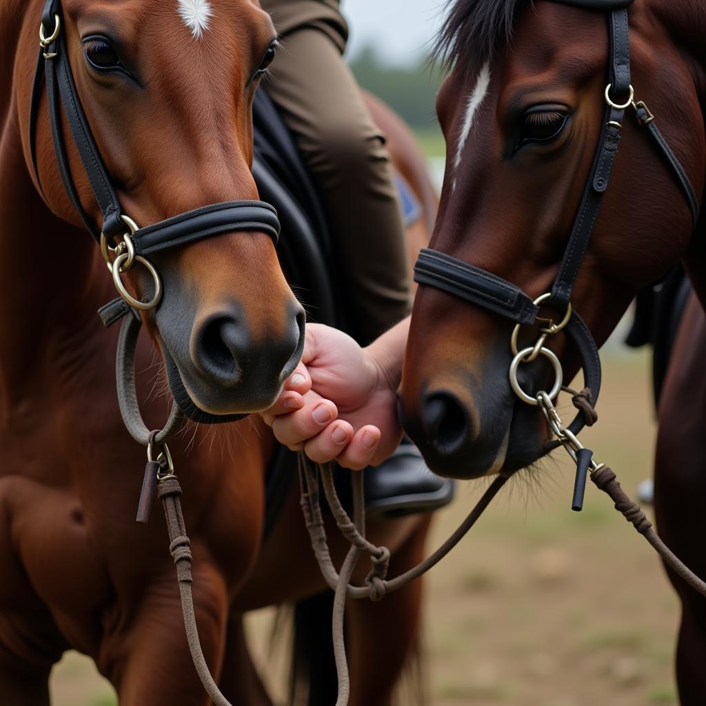 Holding horses' reins