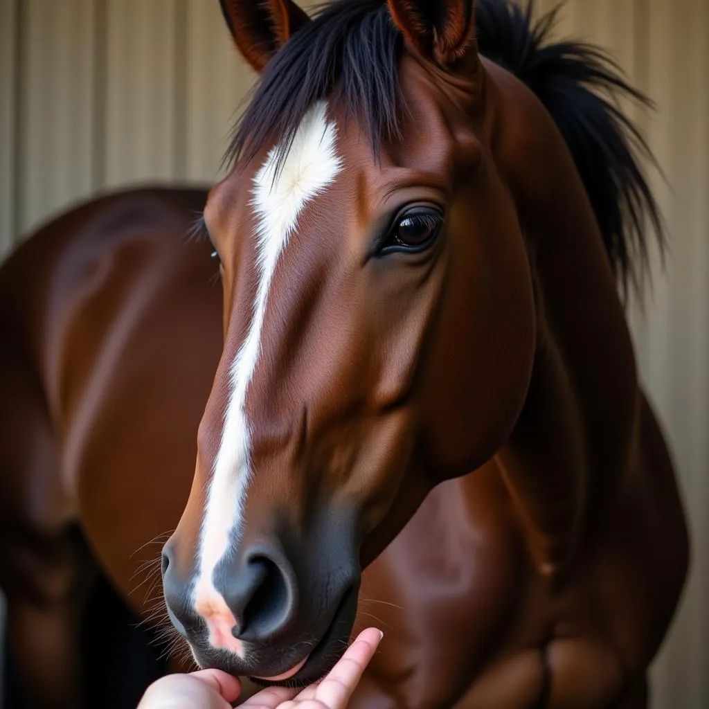 Horse nuzzling a person's hand