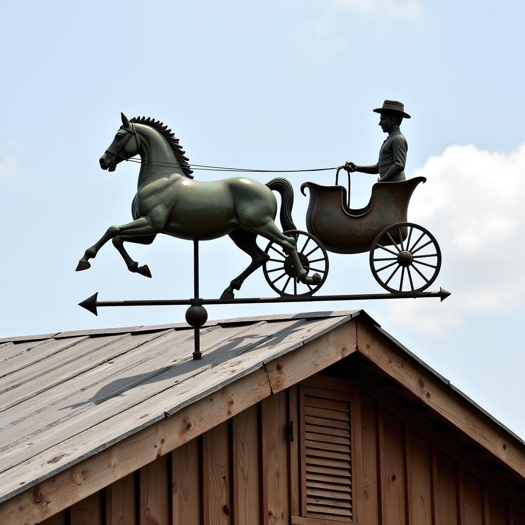 Antique Horse and Buggy Weathervane Adorning a Rustic Barn Roof