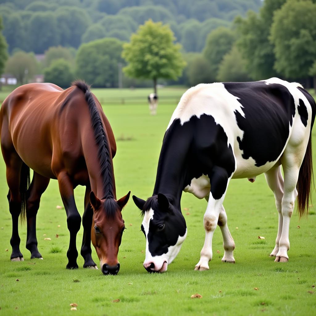 Horse and Cow Grazing Peacefully in a Shared Pasture