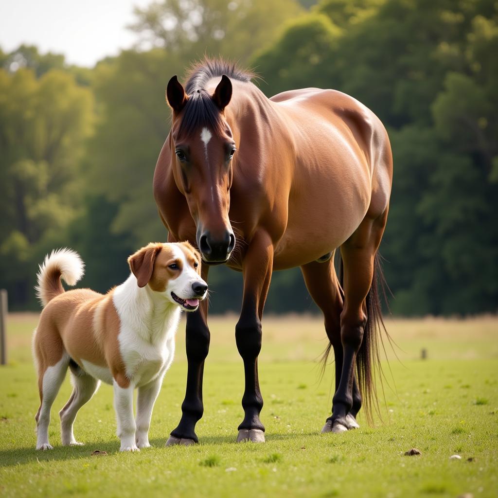 A horse and dog peacefully interacting in a field