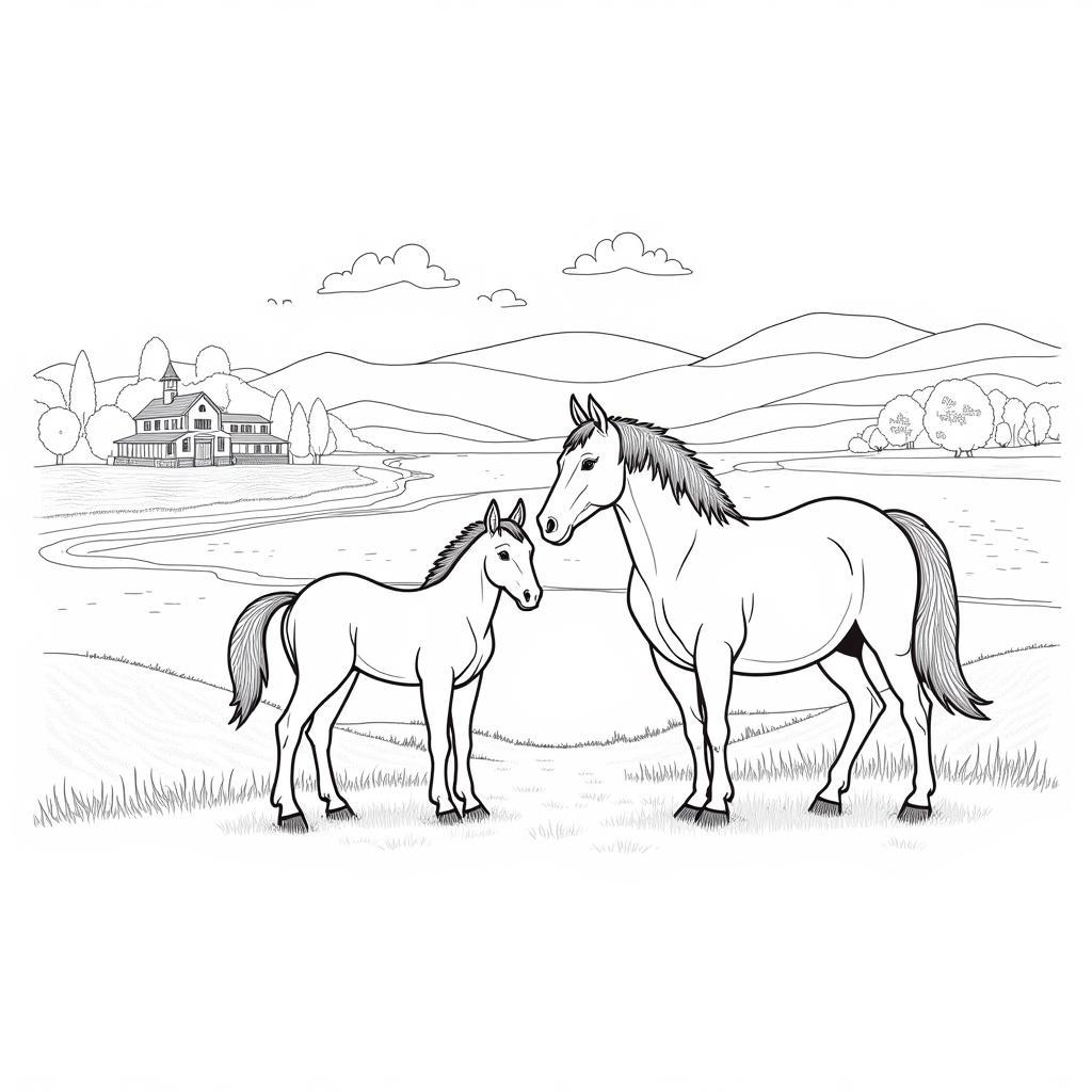 Detailed Horse and Foal Coloring Page with Landscape