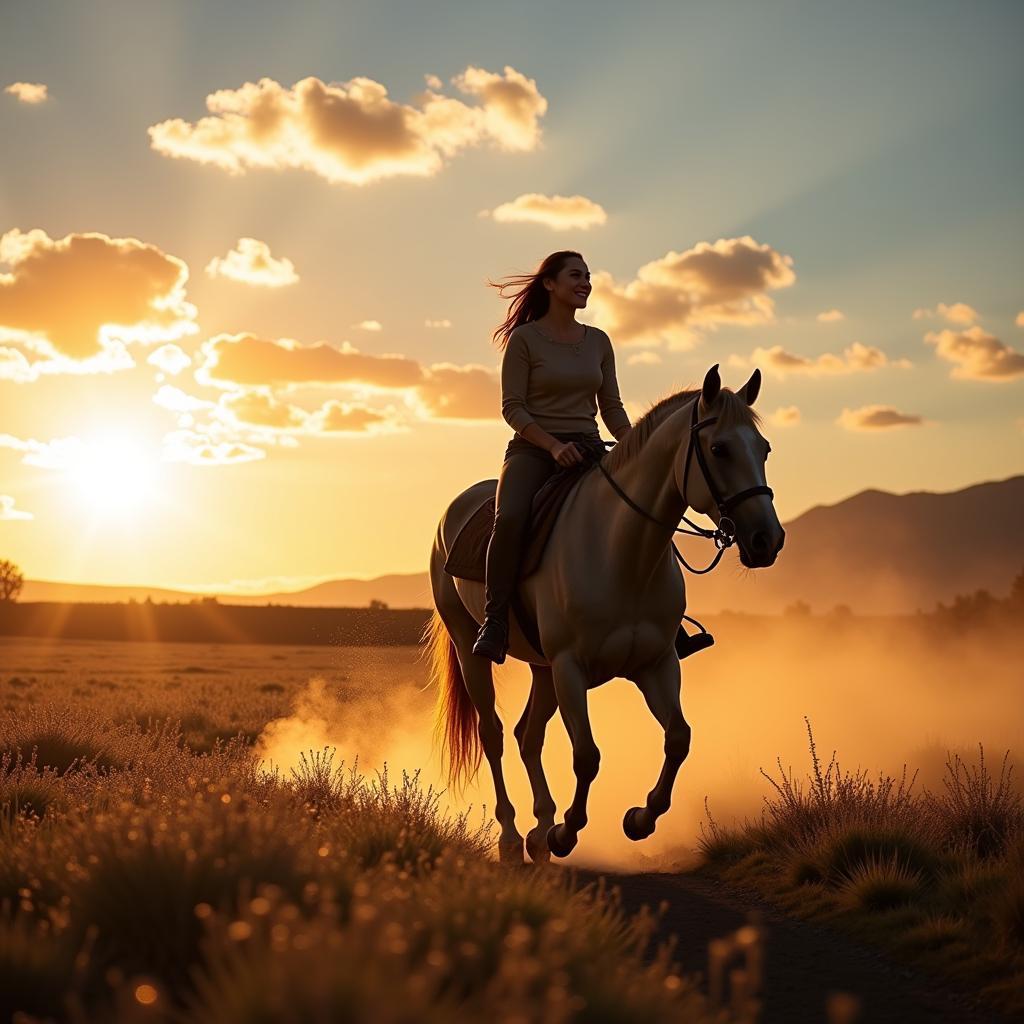 A girl with long hair riding a brown horse at a gallop in a sunlit meadow