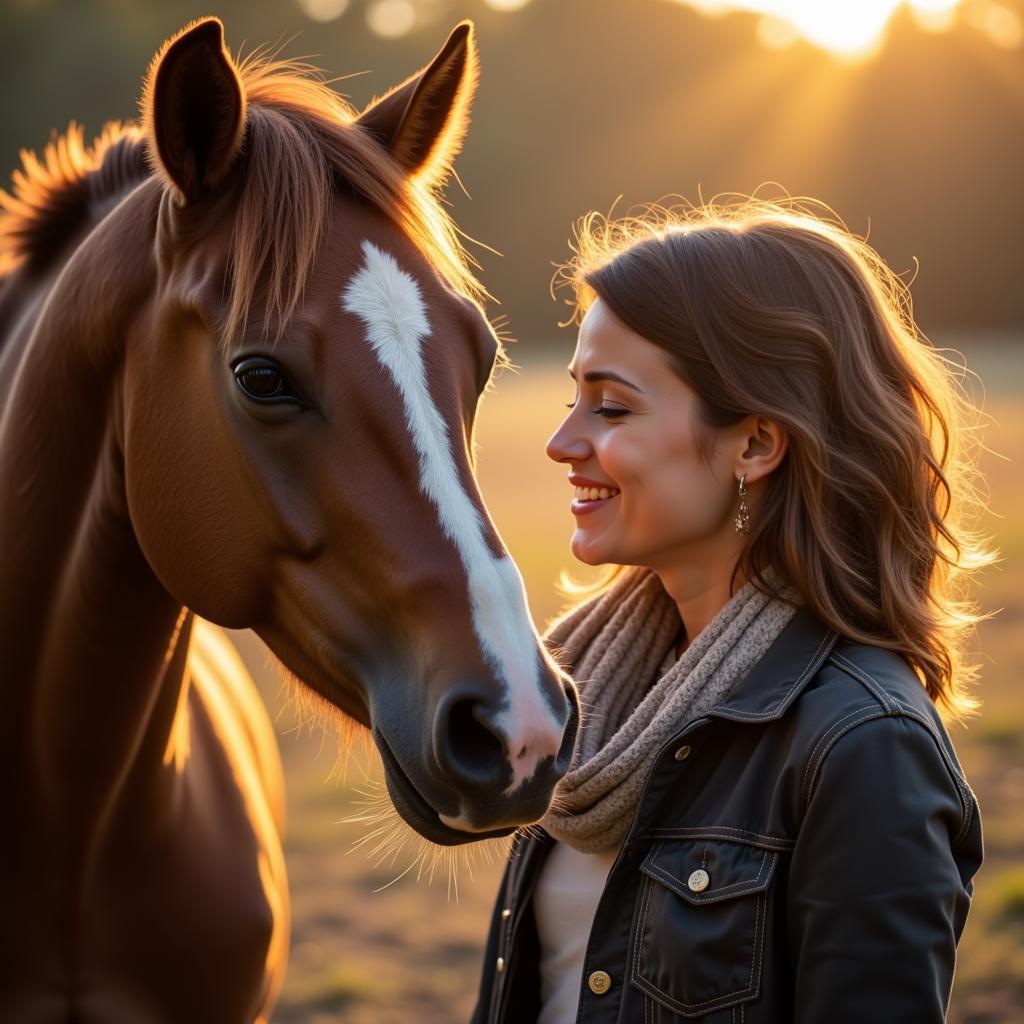 A young girl with her arm around her horse's neck, both smiling brightly at the camera