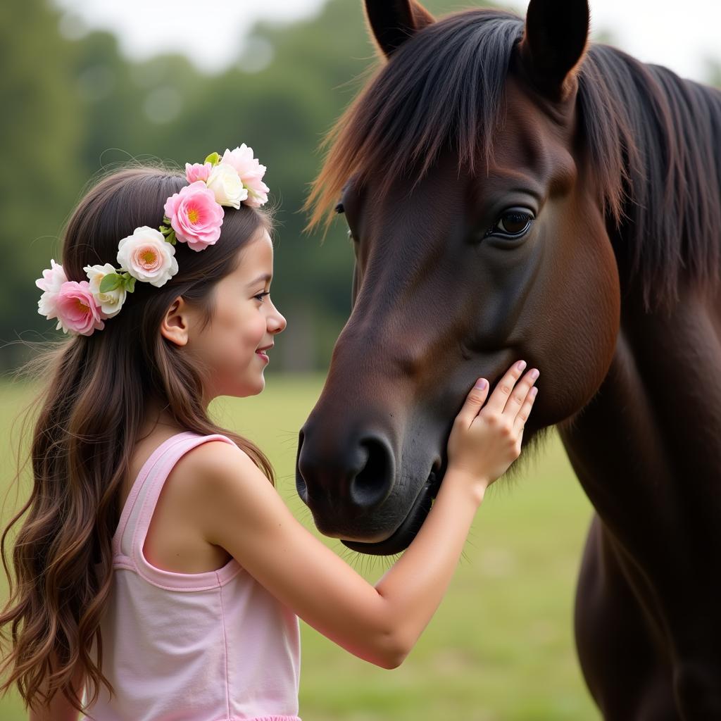 Horse and girl with flowers