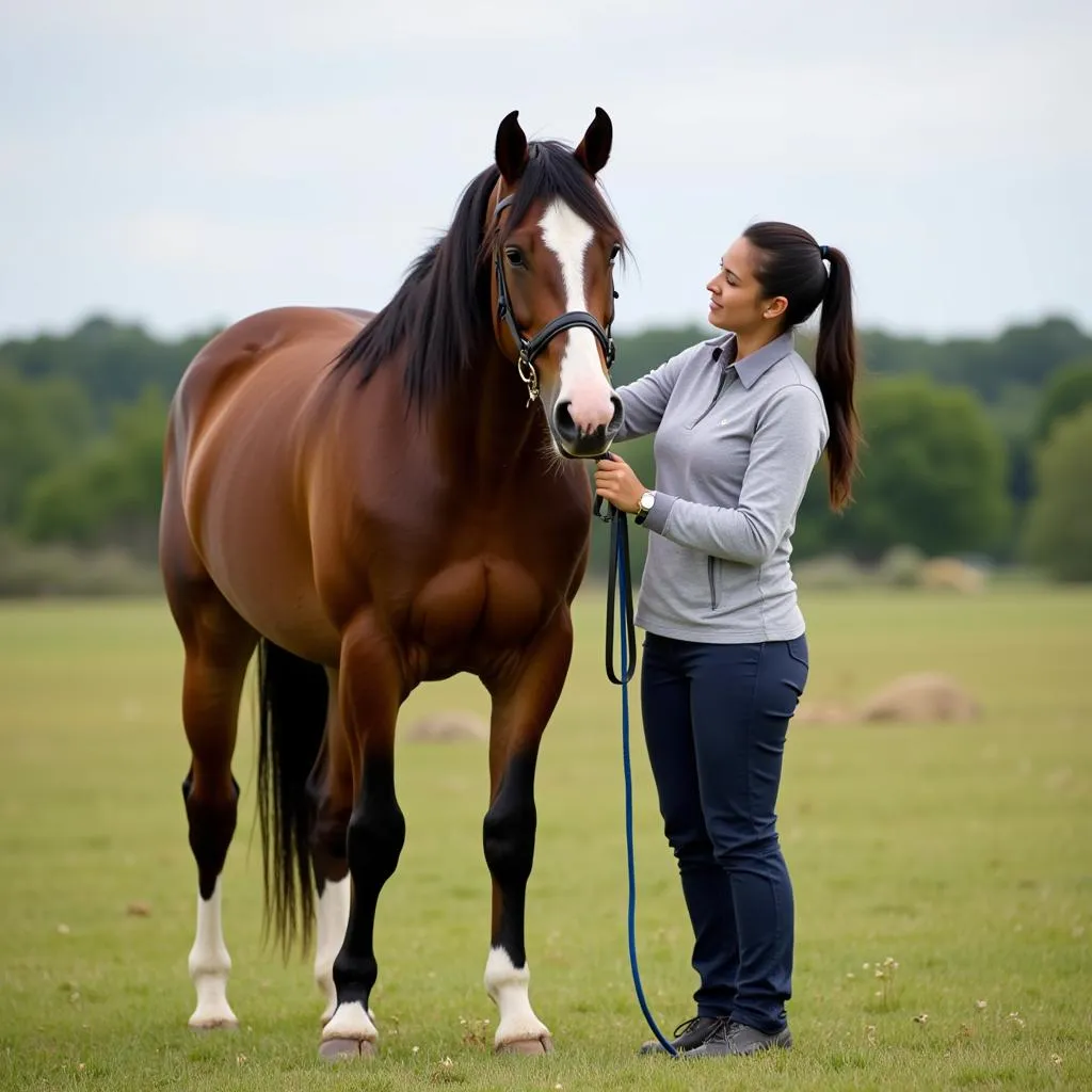 Horse and handler standing together in a field